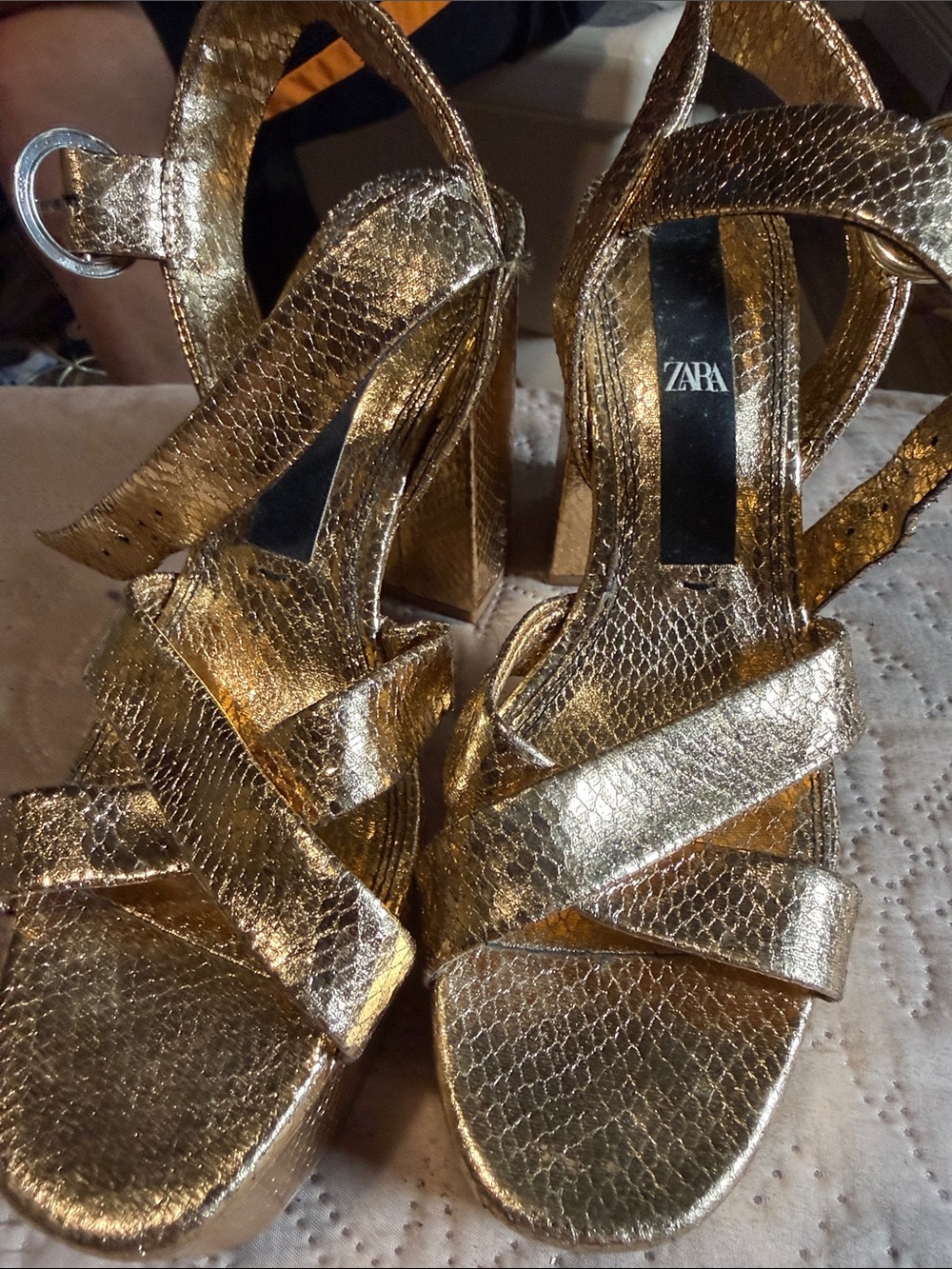 Zara Gold Textured Strappy Block Heel Sandals